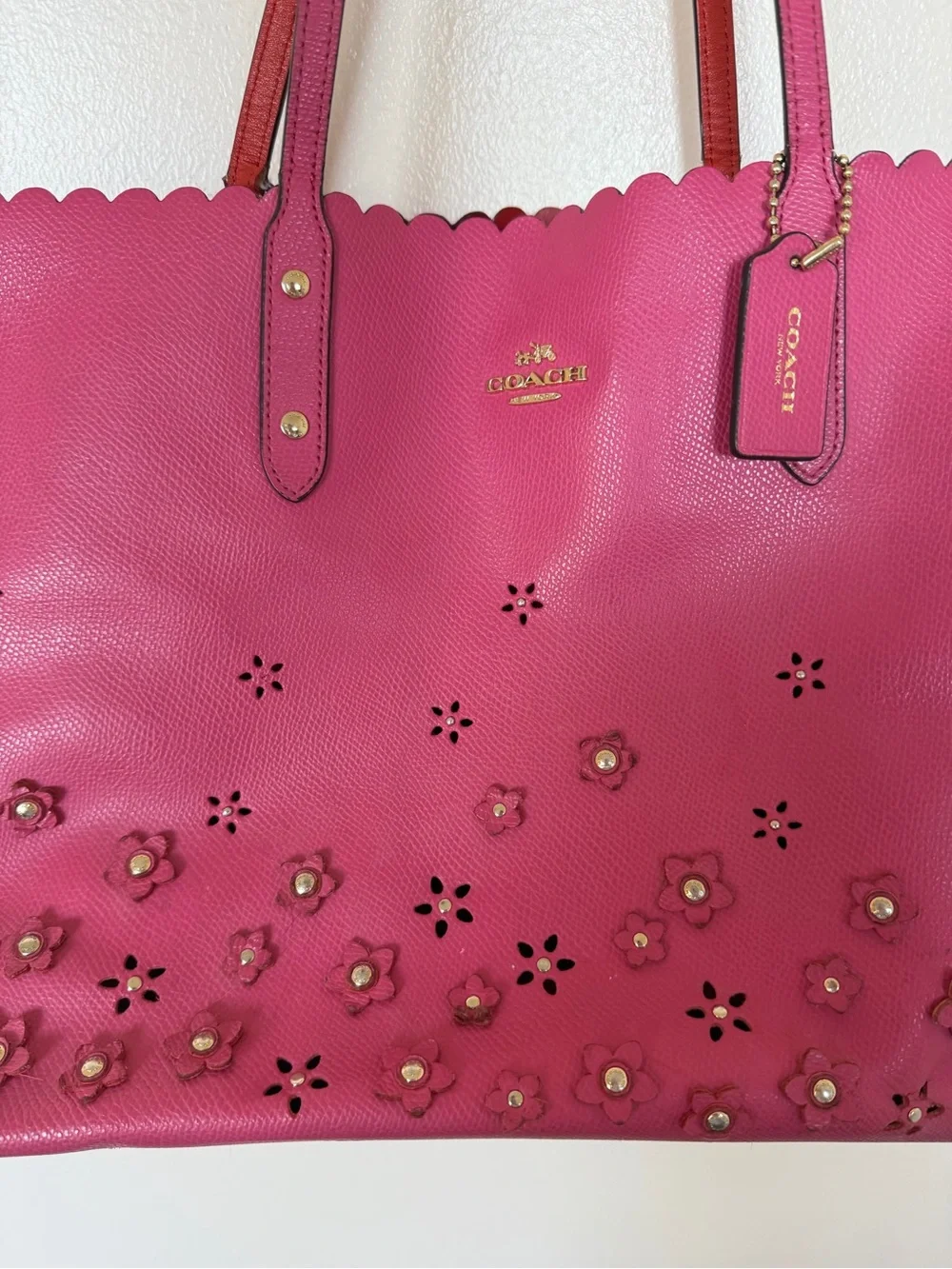 COACH Metro Fuschia Leather Tote w/ Floral Embellishments and Scalloped Top Edge